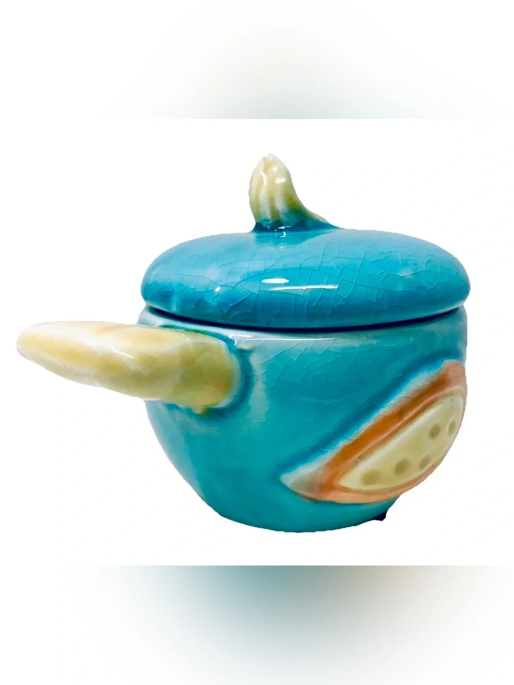 Vintage Blue Bird Yellow Tailed Lidded Crackle Glaze Ceramic Trinket Box Jar